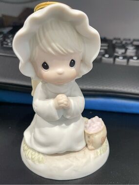 Porcelain Praying Girl Figurine in White with Pink Accent